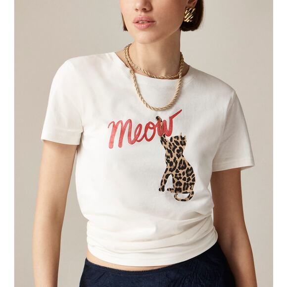 J.Crew Classic-Fit Meow Graphic T-shirt WMNS XS Cream Red Short Sleeve Crew Neck - Picture 1 of 8